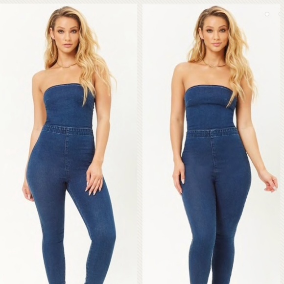 strapless jean jumpsuit